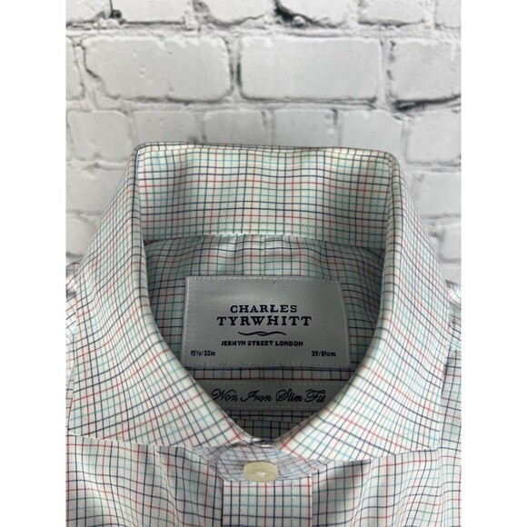 Charles Tyrwhitt Dress Shirt Men 15 1/2-32 Slim Fit French Cuff Multi Grid Check - Picture 8 of 8